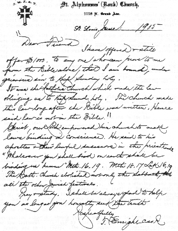 1905 - Father Enright's letter offering anyone who can prove Sunday as God's true Sabbath from the Bible - he will pay $1000.